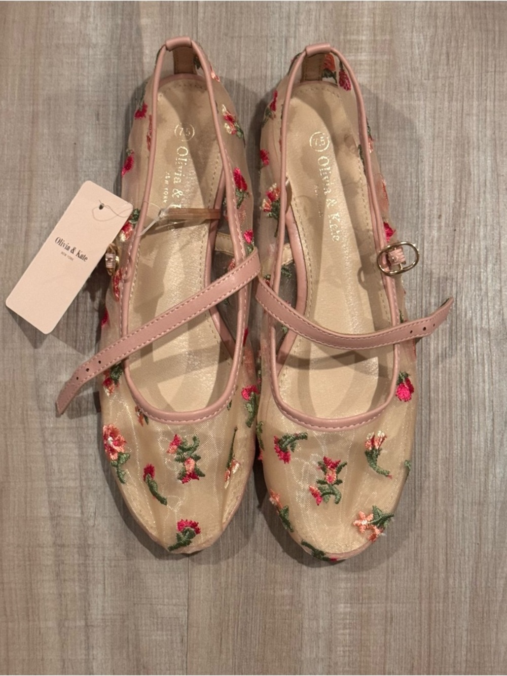 Olivia & Kate Pink Floral Embroidered Mary Jane Ballet Mesh Floral Flats
